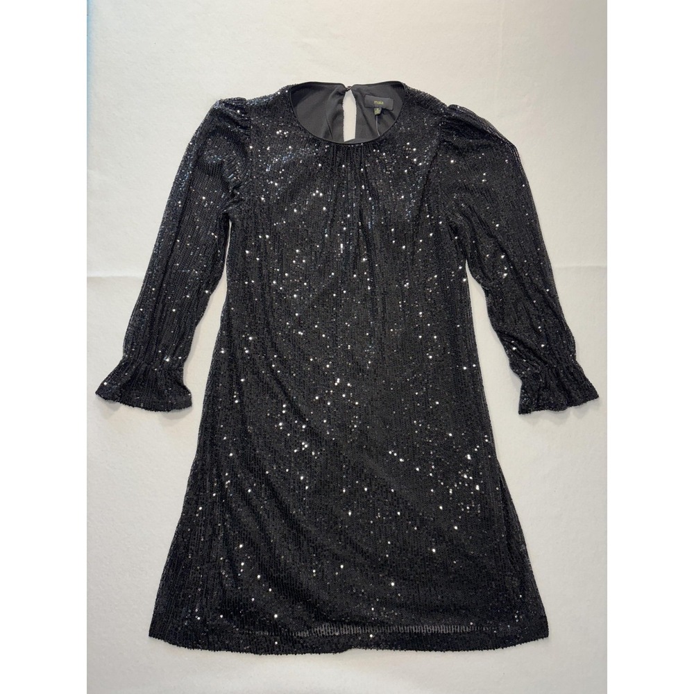 Maia Dress Womens 12 Black‎ Sequin Mesh Long Sleeve Shift Party Cocktail Holiday